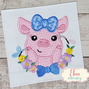 Pig with Flowers Machine Embroidery Design (4x4 5x5 6x6 7x7) (Digital Download)