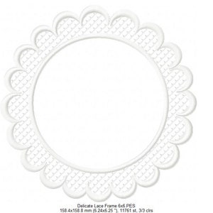 May include: White lace frame with a scalloped edge. The frame is 6.24 inches by 6.25 inches and has 11,761 stitches.