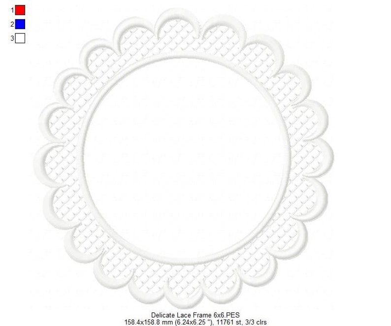 May include: White lace frame with a scalloped edge. The frame is 6.24 inches by 6.25 inches and has 11,761 stitches.