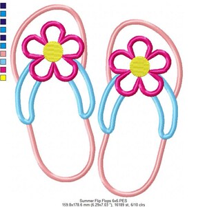 May include: A pair of pink flip-flops with blue straps and pink flowers with yellow centers. Summer Flip Flops 6x6.PES 159.8x178.6 mm (6.29x7.03 "), 16189 st, 6/10 clrs