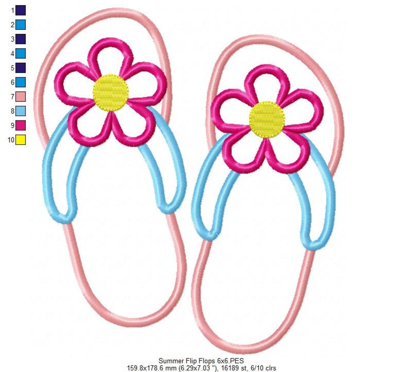 May include: A pair of pink flip-flops with blue straps and pink flowers with yellow centers. Summer Flip Flops 6x6.PES 159.8x178.6 mm (6.29x7.03 "), 16189 st, 6/10 clrs
