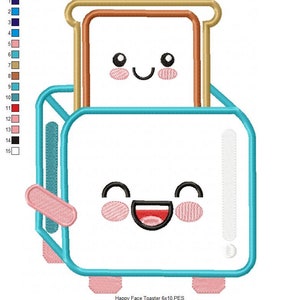 May include: A blue and white cartoon toaster with a happy face and a smiling piece of bread inside. The toaster has pink cheeks and a red mouth. The bread has brown edges and a happy face with black eyes and a smile.