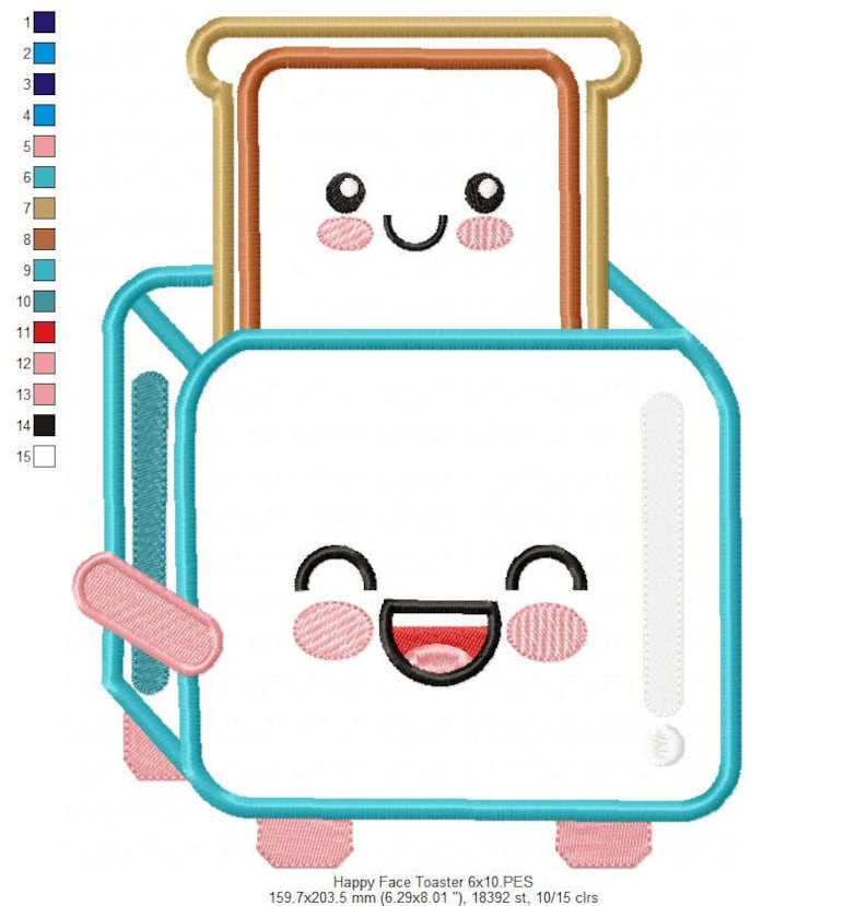 May include: A blue and white cartoon toaster with a happy face and a smiling piece of bread inside. The toaster has pink cheeks and a red mouth. The bread has brown edges and a happy face with black eyes and a smile.