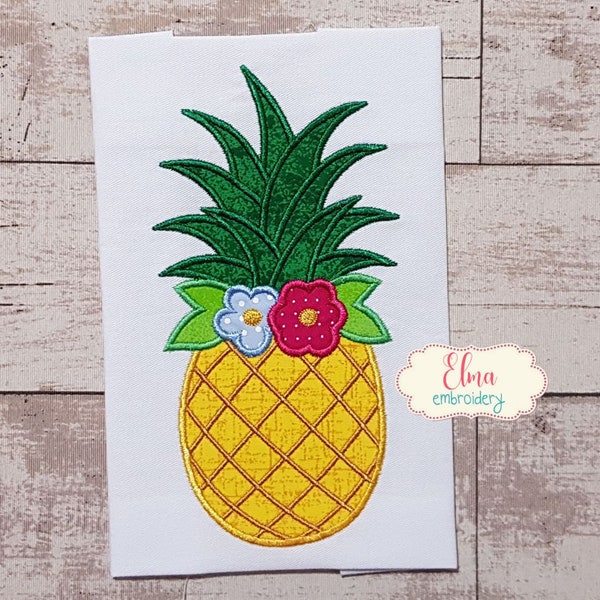 Summer Pineapple with Flowers - Applique Embroidery - 4x4 5x4 5x7 5x8 6x10 7x12 - Machine Embroidery Design - Fruit Embroidery