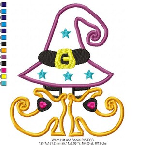 May include: Embroidered design of a witch's hat and shoes. The hat is purple with a white brim and yellow buckle. The shoes are yellow with pink accents. The design is 5 inches by 5 inches and has 13 colors.