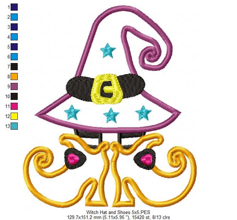 May include: Embroidered design of a witch's hat and shoes. The hat is purple with a white brim and yellow buckle. The shoes are yellow with pink accents. The design is 5 inches by 5 inches and has 13 colors.