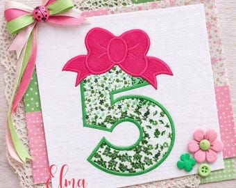 Number 5 Birthday Bow Applique Embroidery Design Girls Fifth Birthday (Digital Download)