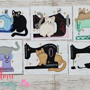 Cats and Vintage Sewing Machine Applique Embroidery Design (Digital Download)