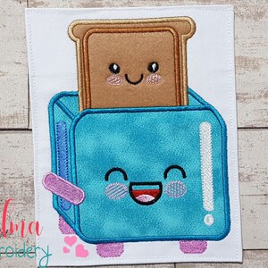 May include: A blue cartoon toaster with a smiling face and pink feet is toasting a brown slice of bread with a smiling face.