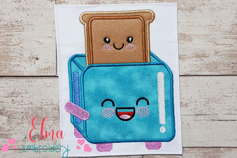 May include: A blue cartoon toaster with a smiling face and pink feet is toasting a brown slice of bread with a smiling face.