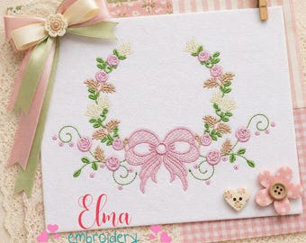 Floral Bow Frame Satin Stitch Monogram Machine Embroidery Design (Digital Download)
