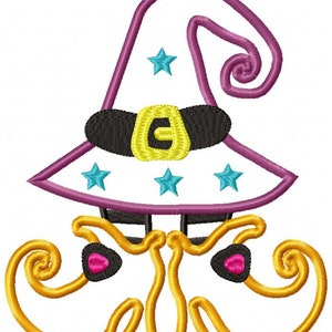 May include: A purple and white witch hat with a black belt and gold buckle, sitting on top of two yellow, curled shoes with pink accents.