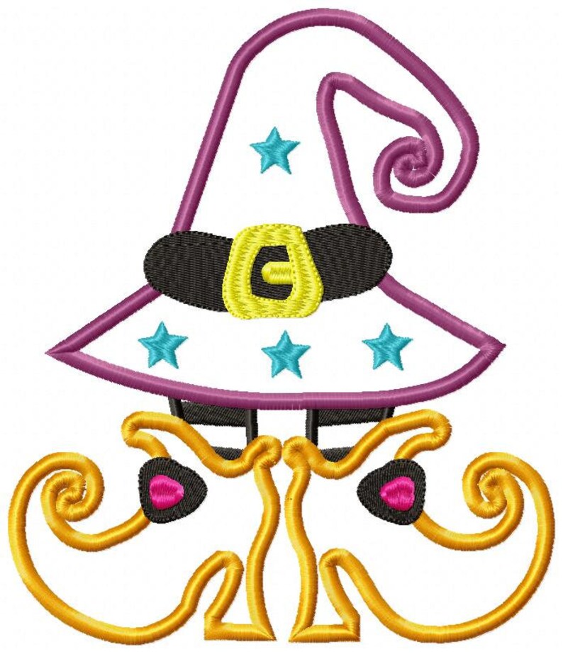 May include: A purple and white witch hat with a black belt and gold buckle, sitting on top of two yellow, curled shoes with pink accents.