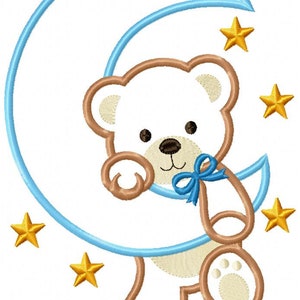 Bear Boy on the Moon Machine Embroidery Design Applique Animal Embroidery 4x4 5x4 5x7 5x8 6x10 7x12 Teddy Bear Embroidery image 2