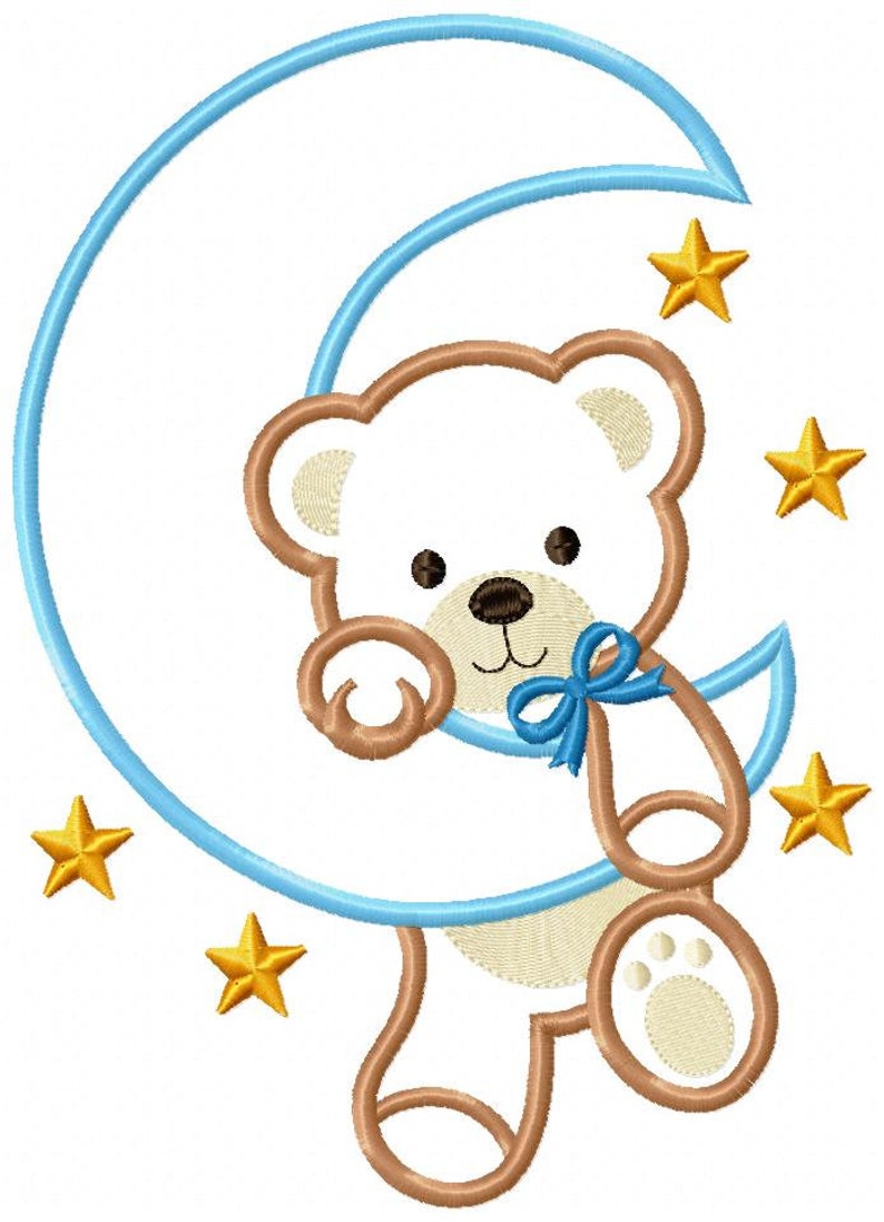 Bear Boy on the Moon Machine Embroidery Design Applique Animal Embroidery 4x4 5x4 5x7 5x8 6x10 7x12 Teddy Bear Embroidery image 2