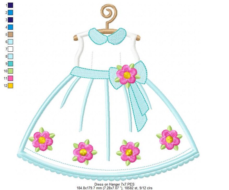May include: A blue and white dress with a pink flower and bow on a hanger. The dress has a scalloped hem and is decorated with pink flowers.