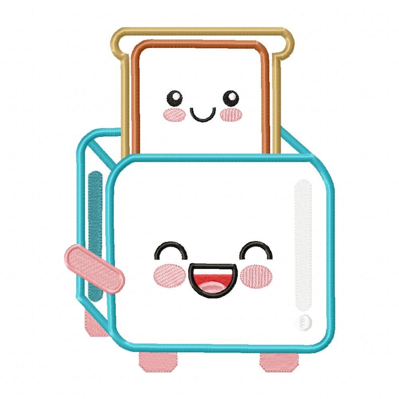 May include: A blue and white cartoon toaster with a smiling face and pink cheeks. A slice of brown bread with a smiling face is in the toaster slot.