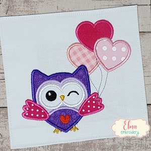 Aplique de globos con forma de corazón de búho para San Valentín - Diseño de bordado a máquina (4x4, 5x5, 6x6, 7x7)