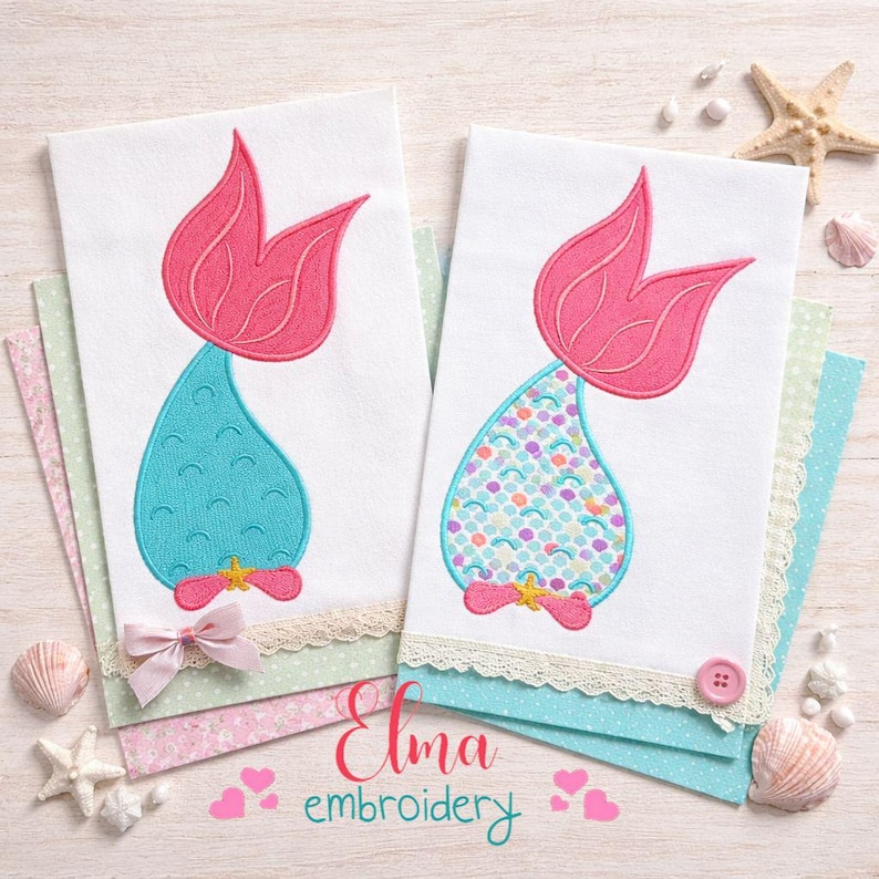 Diseño de bordado de cola de sirena, aplique con puntada de relleno, conjunto para bebé niña con temática oceánica (descarga digital) imagen 1