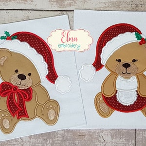 Urso de pelúcia de Natal menina e menino - Conjunto de 2 desenhos - Apliques - 4x4 5x4 5x7 6x10 7x12 - Bordado de Natal - Desenho de bordado à máquina
