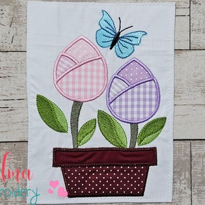 Vaso de tulipas de primavera - Apliques - 4x4 5x4 5x7 5x8 6x10 7x12 - Design de bordado à máquina - Bordado de flores - Apliques de tulipas - Apliques de flores
