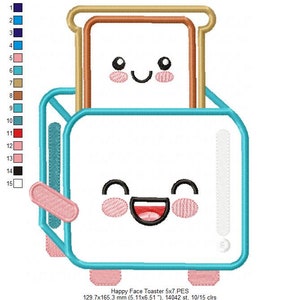 May include: A blue and white cartoon toaster with a smiling face and a slice of bread with a smiling face inside. The toaster has a pink handle and pink feet.