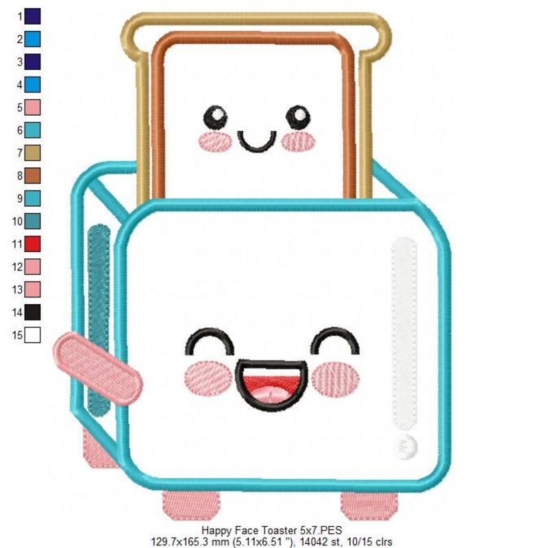 May include: A blue and white cartoon toaster with a smiling face and a slice of bread with a smiling face inside. The toaster has a pink handle and pink feet.