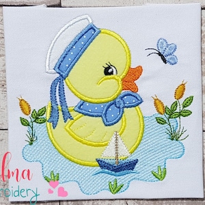 Rubber Duck Boy in the Lake - Applique - Animal Embroidery - 4x4 5x5 6x6 7x7 - Machine Embroidery Design - Duck Embroidery - Baby Embroidery