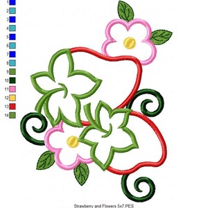 May include: Embroidered design of a red strawberry with green leaves and two pink flowers with yellow centers. The design is 5x7 inches and has 14001 stitches.