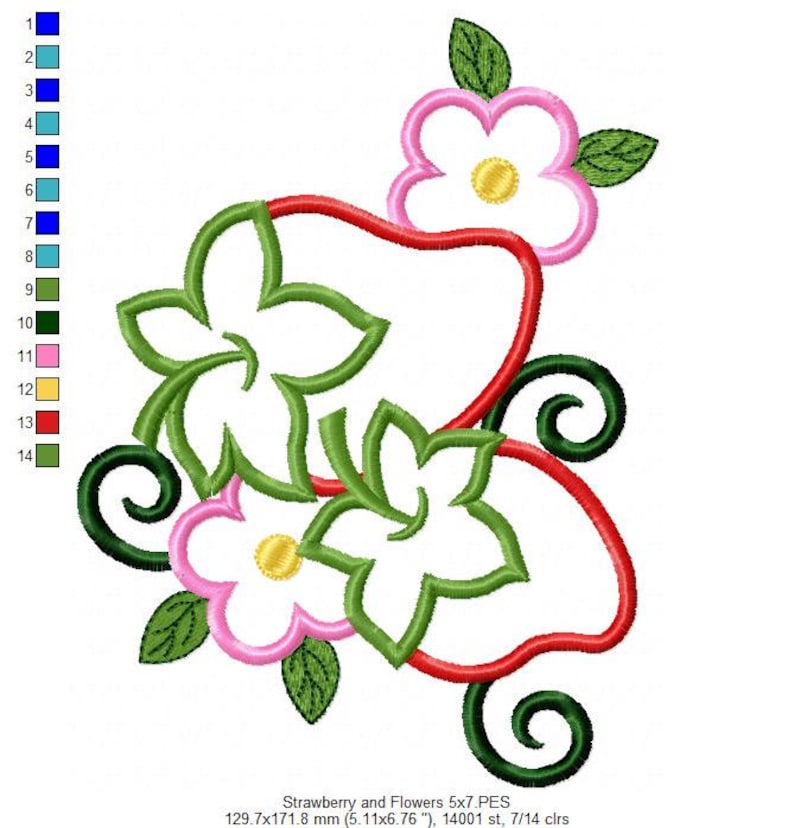 May include: Embroidered design of a red strawberry with green leaves and two pink flowers with yellow centers. The design is 5x7 inches and has 14001 stitches.