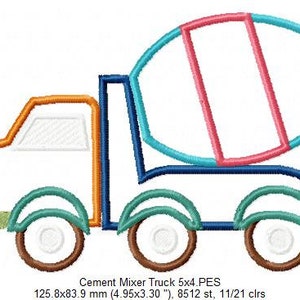 Puede incluir: Un cami&oacute;n mezclador de cemento de dibujos animados con un contorno azul, verde, naranja y marr&oacute;n. El cami&oacute;n tiene una cabina blanca y un tambor mezclador de cemento redondo con un interior rosa y azul.