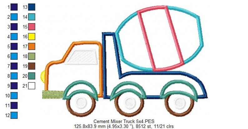 Puede incluir: Un cami&oacute;n mezclador de cemento de dibujos animados con un contorno azul, verde, naranja y marr&oacute;n. El cami&oacute;n tiene una cabina blanca y un tambor mezclador de cemento redondo con un interior rosa y azul.