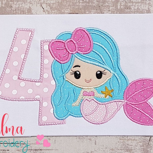 Mermaid Number 4 Four 4th Birthday - Applique - 5x7 5x8 6x10 7x12 - Machine Embroidery Design - Birthday Embroidery - Birthday Mermaid