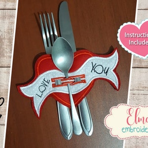 Heart Valentine&#39;s Cutlery Holder Project - Applique - 5x7 - Valentines Embroidery - Machine Embroidery Design - Instructions Included