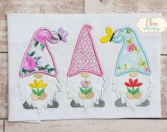 Apliques de gnomos de primavera: Diseño de bordado floral (5x4, 5x7, 5x8, 6x10, 7x12) (Descarga digital)