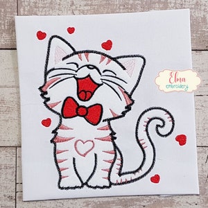 Happy Love Kitty Embroidery Design: ZigZag Applique (3x3 4x4 5x5) (Digital Download)