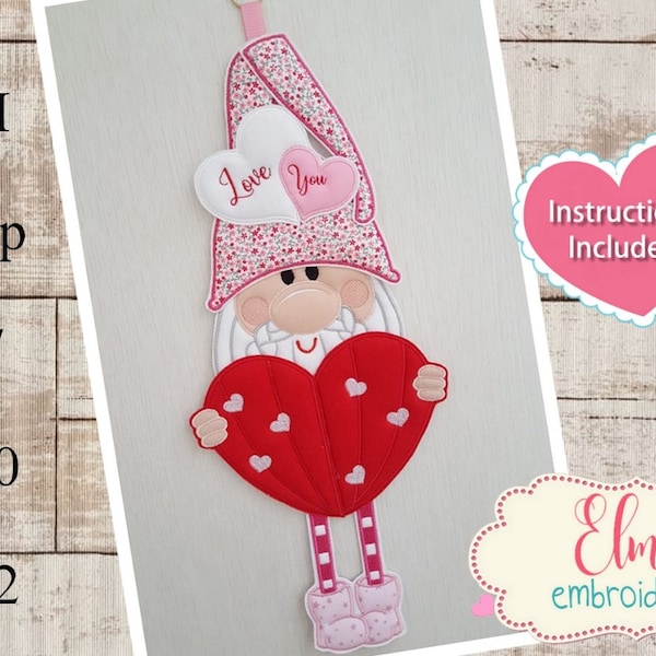 Valentines Gnome with Heart ITH Project - Applique - 5x7 6x10 7x12 - Valentines Embroidery -Machine Embroidery Design  Instructions Included