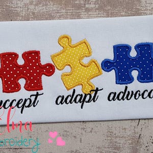 Autism Accept Adapt Advocate - Aplique Bordado - 4x4 5x4 5x7 5x8 6x10 7x12 - Design de bordado à máquina