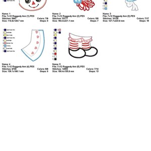 May include: Digital embroidery designs featuring Raggedy Ann doll elements. Includes a face, a decorative bow, a bonnet, a diaper with hearts, and striped shoes. Sizes vary, with the face measuring approximately 4.5 x 5.1 inches.