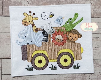 Safari Animals in Car Machine Embroidery Design (Digital Download)