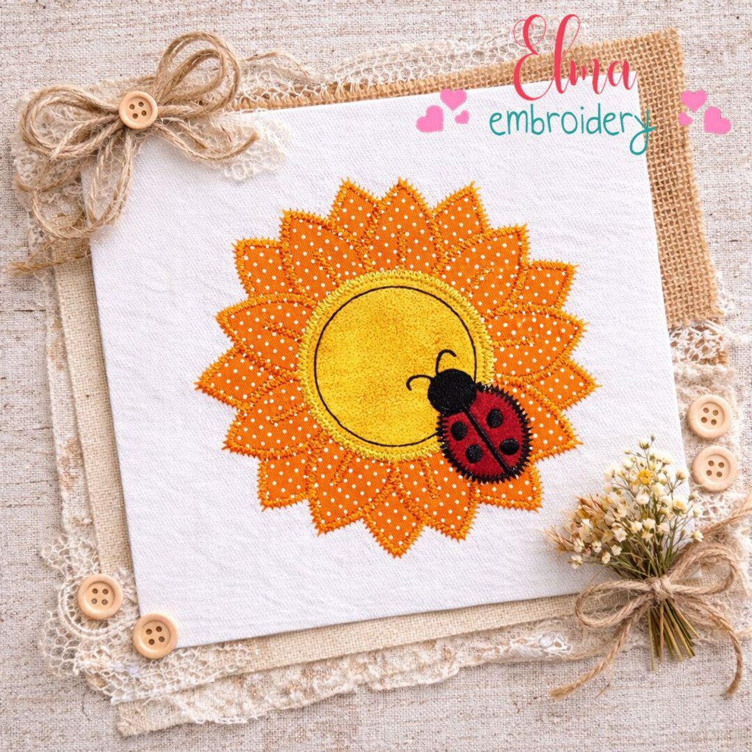 Sunflower Ladybug Appliqué Embroidery Design: Zigzag Stitch