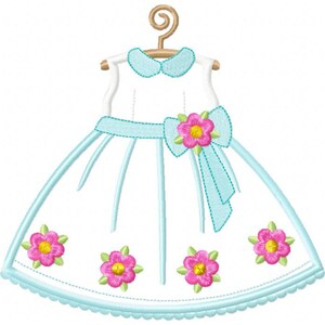 May include: A white dress with a blue sash and pink flowers. The dress has a scalloped hem and is hanging on a wooden hanger.