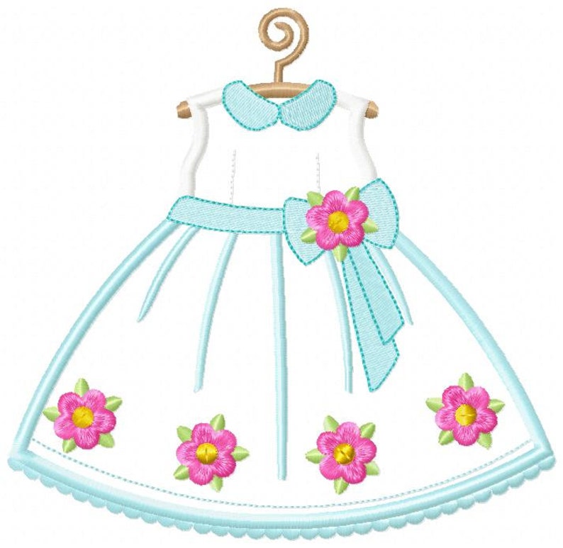 May include: A white dress with a blue sash and pink flowers. The dress has a scalloped hem and is hanging on a wooden hanger.