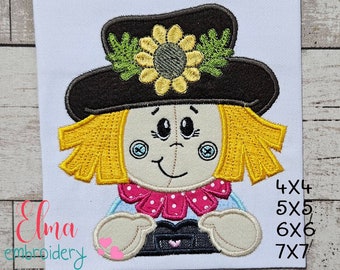 かかしのひまわりアップリケ - 機械刺繍デザイン（デジタルダウンロード）