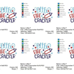 May include: An embroidery design pattern titled Little Firecracker featuring light blue script text, red block letters, and a firecracker graphic with stars. The image displays six variations with file names, stitch counts, and sizes in millimeters.