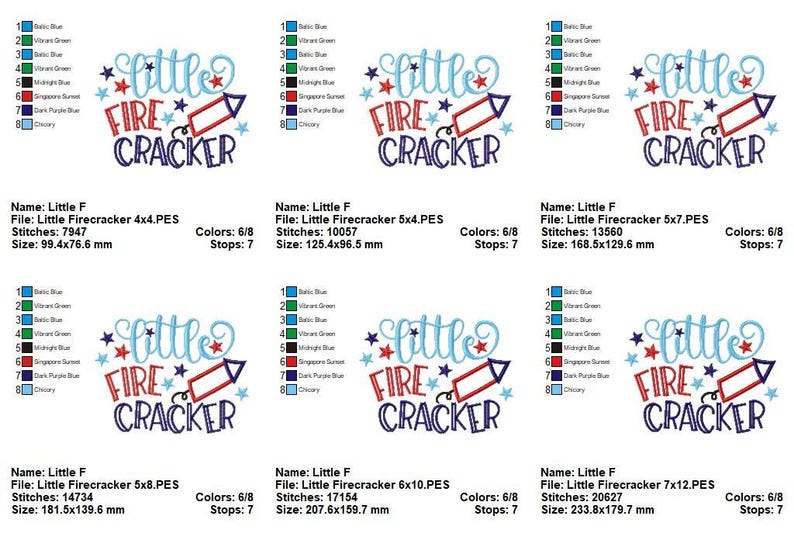 May include: An embroidery design pattern titled Little Firecracker featuring light blue script text, red block letters, and a firecracker graphic with stars. The image displays six variations with file names, stitch counts, and sizes in millimeters.