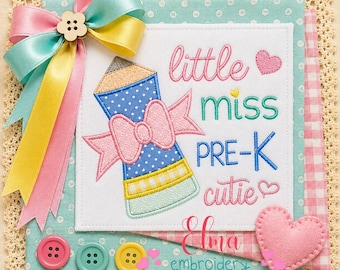 Little Miss Pre K Applique School Embroidery Design (Digital Download)