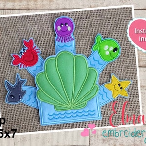 Under the Sea Finger Puppets ITH Project - Applique - 4x4 5x7 - Animals Embroidery - Machine Embroidery Design - Instructions Included