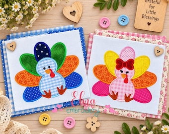 May include: Two square fabric patches featuring embroidered turkey designs. One turkey has blue gingham and green patterned feathers, the other has pink gingham and yellow patterned feathers with a red bow. Both include small wooden heart buttons.