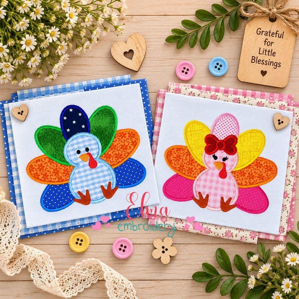 Turkey Applique Embroidery Design: Thanksgiving Boy and Girl Turkeys (Digital Download File)